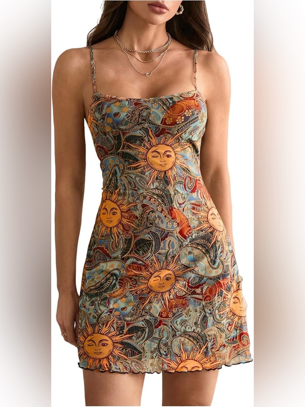NEW Sun Print Spaghetti Strap Mini Dress in Orange & Blue-Green